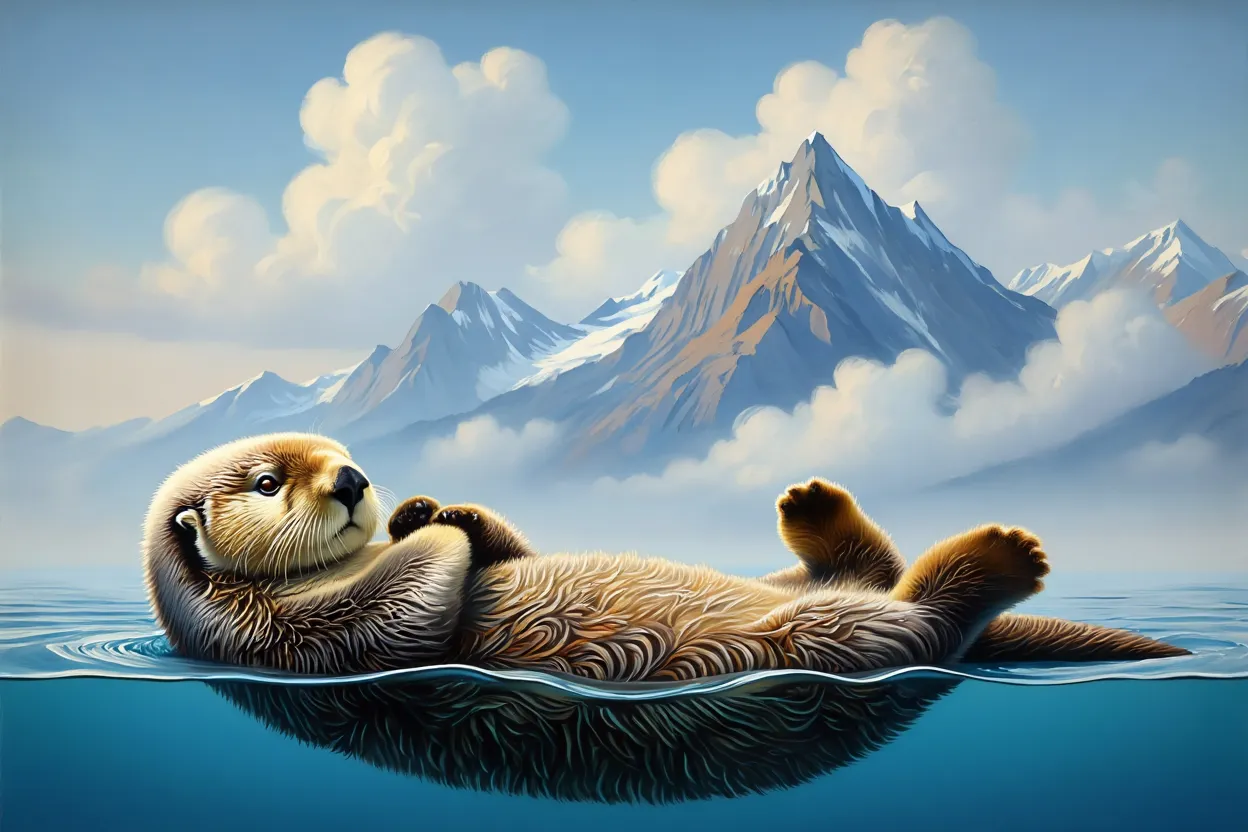 prompt: 'a bob ross style painting of a sea otter' model: Reve