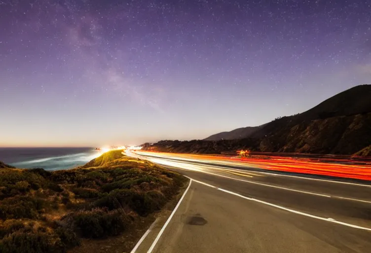 Landscape photo of big sur, ocean, night, light trails, moon,