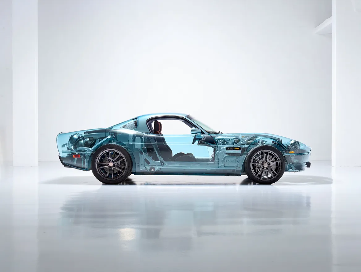 modern sports car in a soft white room. all the exterior panels and bodywork of the car are transparent - Reve preview