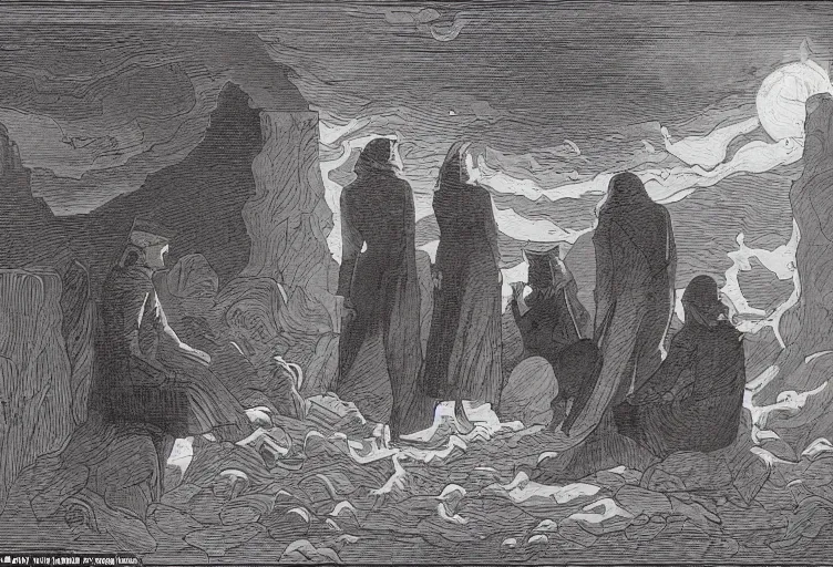 these four yet crouched at the edge of the firelight among their strange chattels and watched how the ragged flames fled down the wind as if sucked by some maelstrom out there in the void - Stable Diffusion v1.5