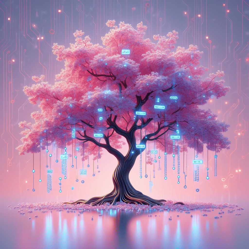 prompt: 'A stylized, digital illustration of a cherry blossom tree with code snippets and web elements falling instead of petals. The background should have a subtle tech aesthetic with faint circuit patterns. The overall mood should be spring-like and optimistic, with soft colors that blend technology and nature. Photorealistic, detailed.' model: Reve preview