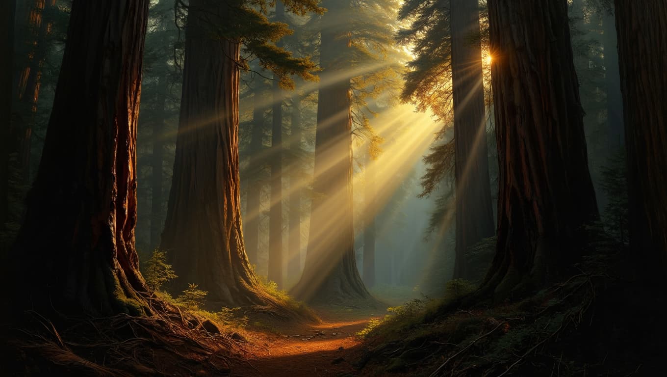 prompt: A dense redwood forest