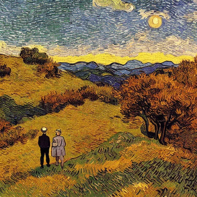 ( an old couple on a hill watching the sunset ) traditional painting style muted colors by Vincent van Gogh Tilt Shift, Cinestill 800T 35mm. best of flickr. by artist laurie greasley. - Stable Diffusion v1.5