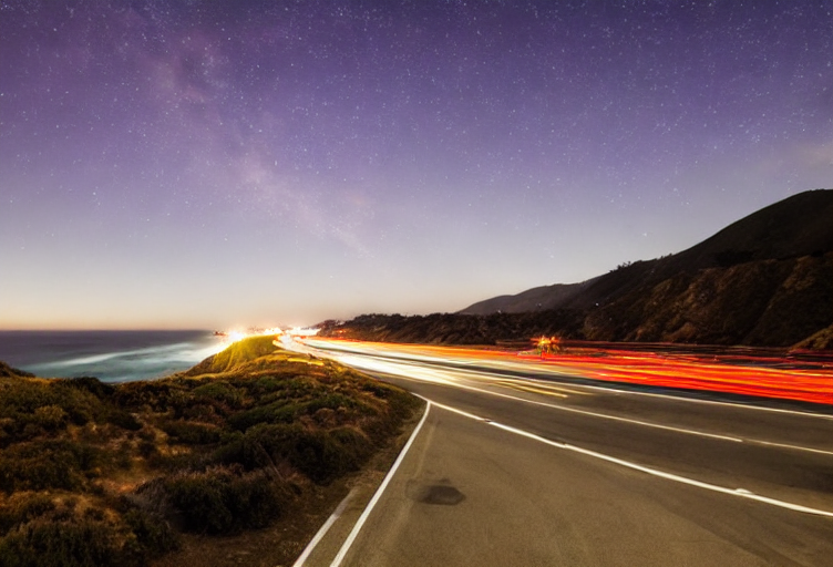 Landscape photo of big sur, ocean, night, light trails, moon,