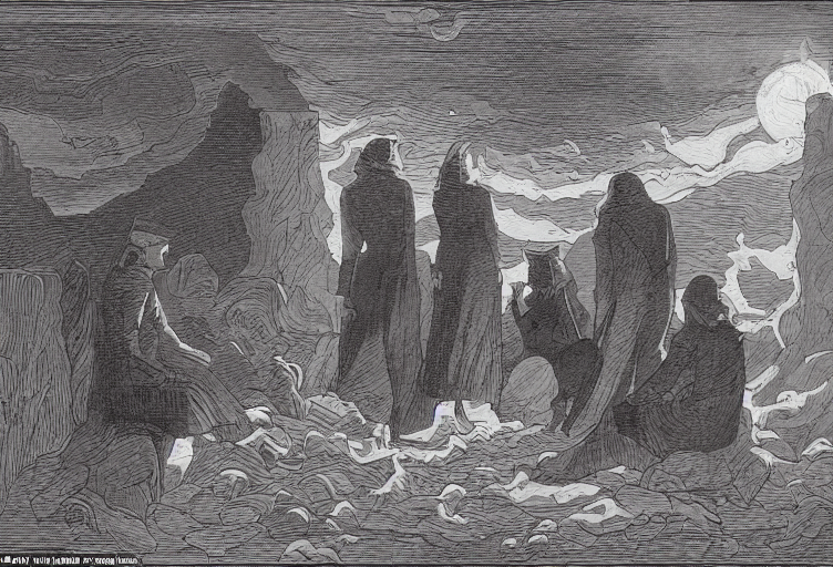 these four yet crouched at the edge of the firelight among their strange chattels and watched how the ragged flames fled down the wind as if sucked by some maelstrom out there in the void - Stable Diffusion v1.5