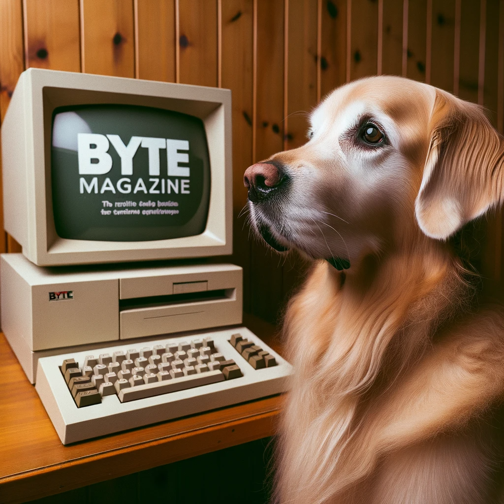 Photo of a golden retriever attentively sitting in front of a vintage personal computer, with BYTE magazine branding at the top. - DALLE 3