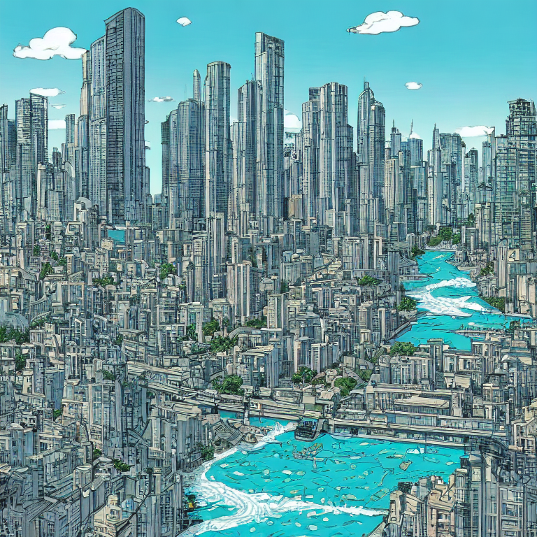 ( A cityscape with a river running through it, highrises and buildings on either side. In the foreground there is a park with people relaxing and children playing. The sky is a deep blue. ) High Detail, Tungsten Color Film. trending on artstation hq deviantart. by artist laurie greasley. — Stable Diffusion v1.5