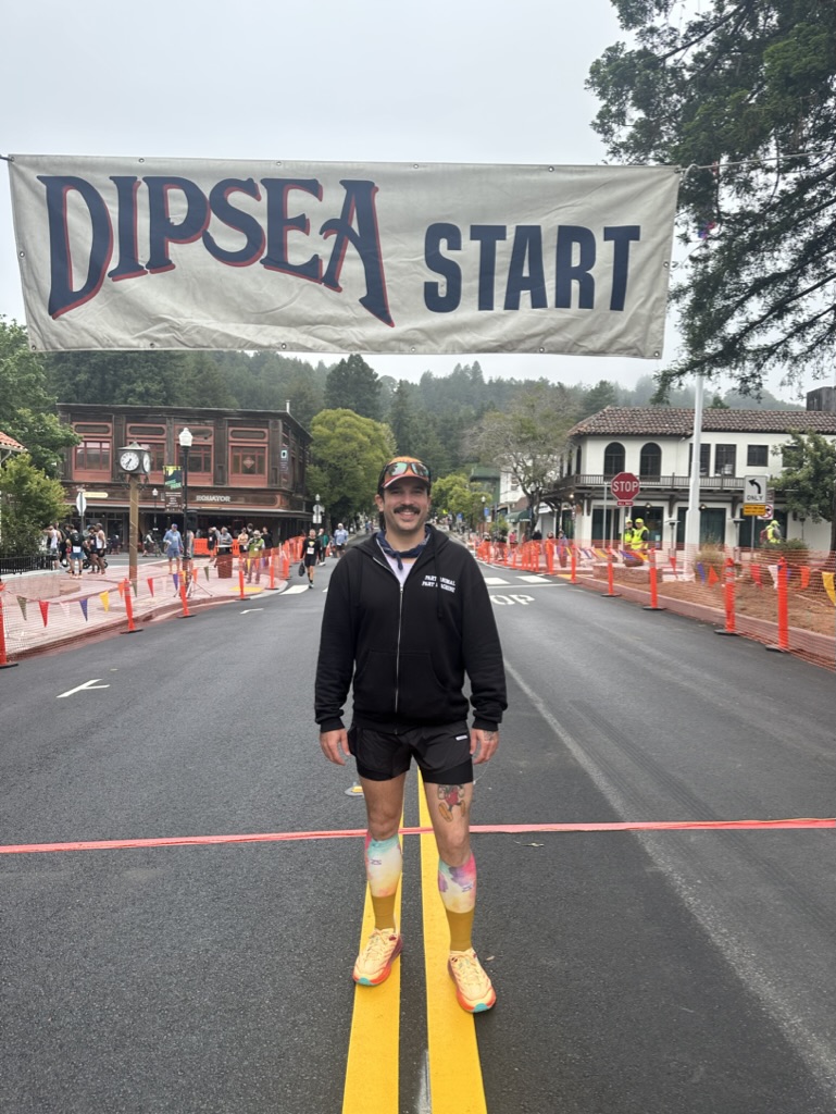 me, in my Henry Rollins "Search & Destroy" hoodie at the start line.