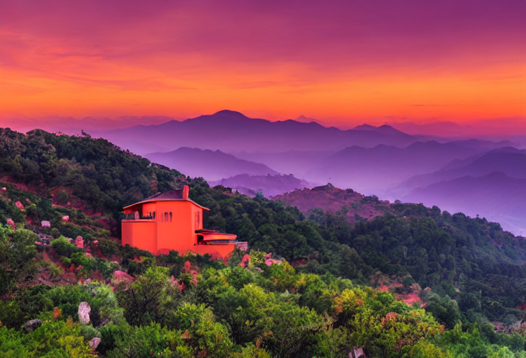 Ghibli style a lonely house in mountain landscape at dusk orange and pink sky - Stable Diffusion v1.5